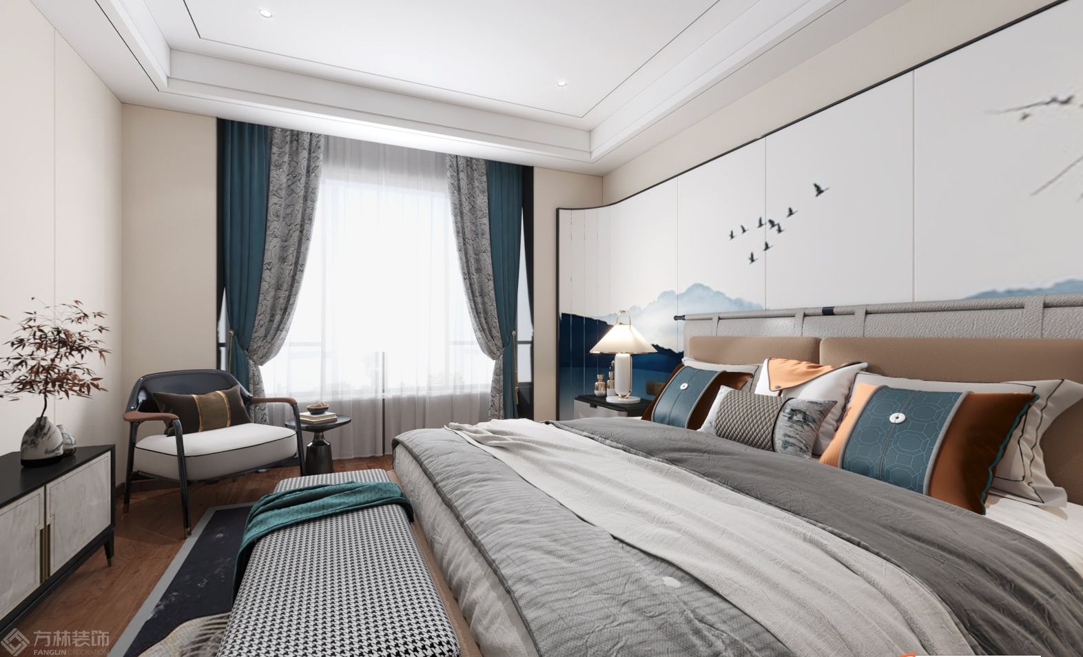 新中式主卧床头背景采用中式屏风形式的中式壁画，使卧室更有包裹感，让卧室更有安全感。