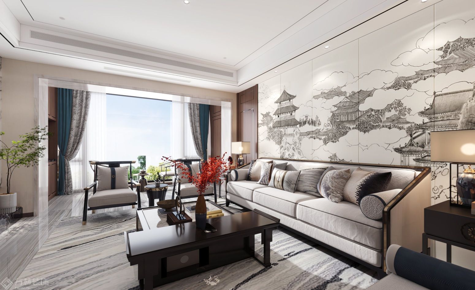 新中式沙发背景采用定制硬包壁画使空间更加的有画面感，更有层次，旁边做隐形门使空间更加的整体化。
